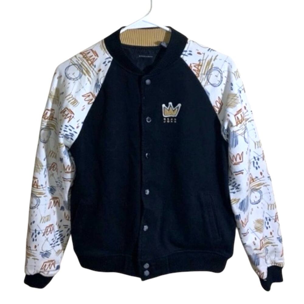 Boy's Sean John Printed King Logo Varsity Jacket Black White Tan Size XL